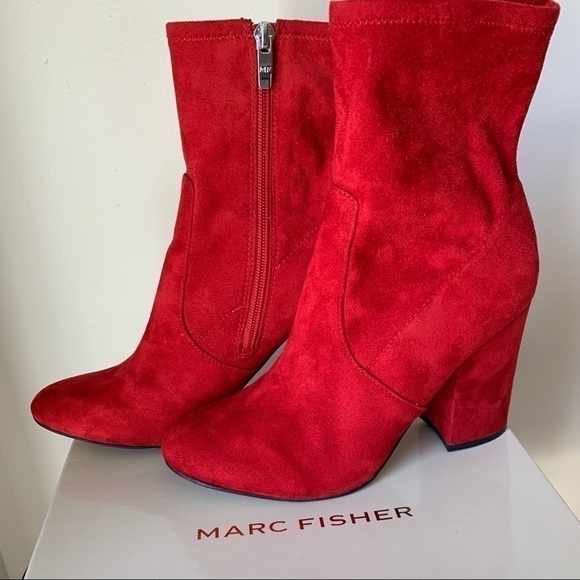 MARC FISHER Red Suede BOOTIES chunky block heel boots size 8 - Picture 1 of 9